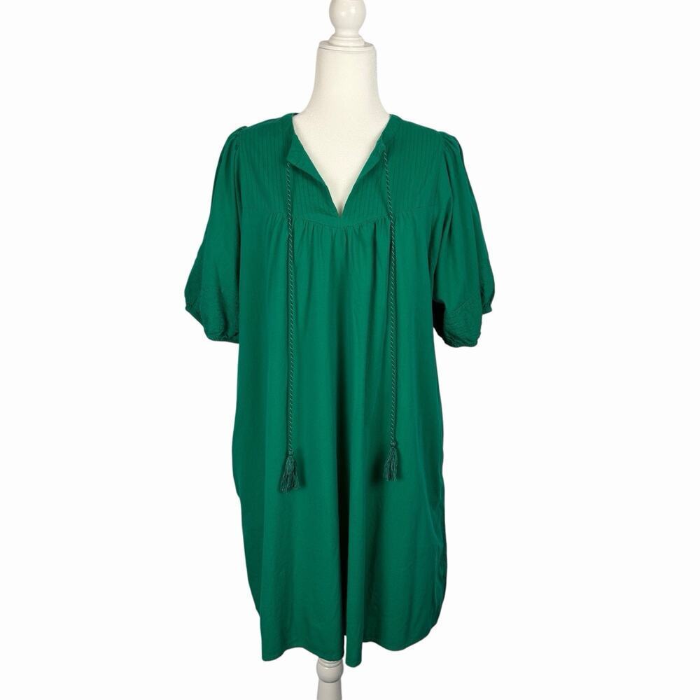 Womens Green Peasant Dress Knee Length Large Puffed Sleeves Colorful Vacation